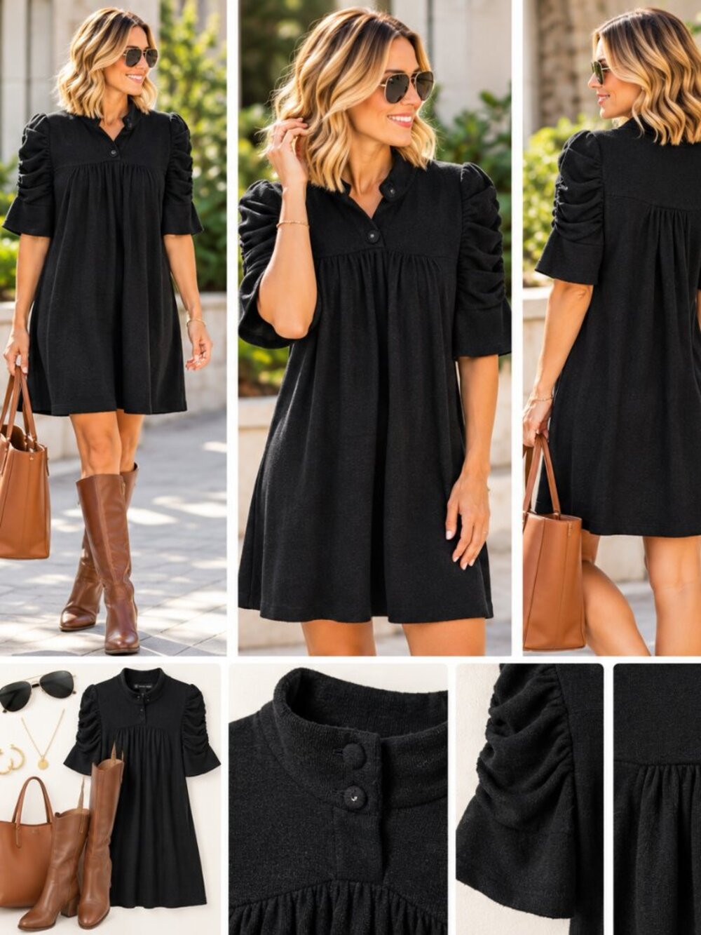 INC International Concepts Black Ruched Sleeve A-Line Dress – Size Large